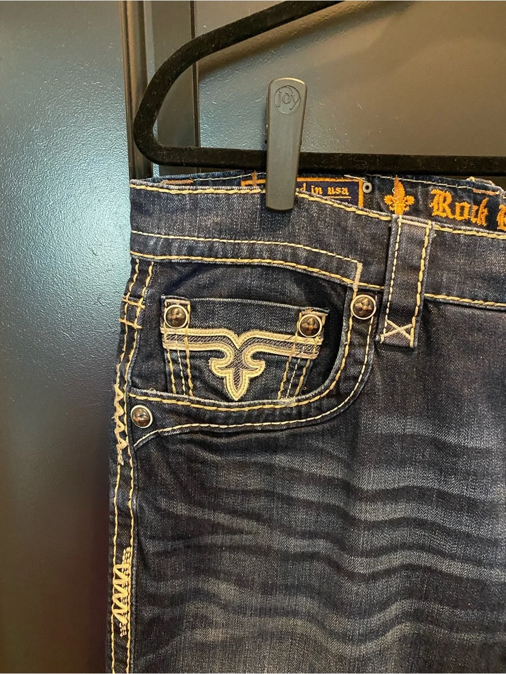 Rock Revival Arran Men’s Bootcut Jeans in Dark Blue with Contrast Stitching